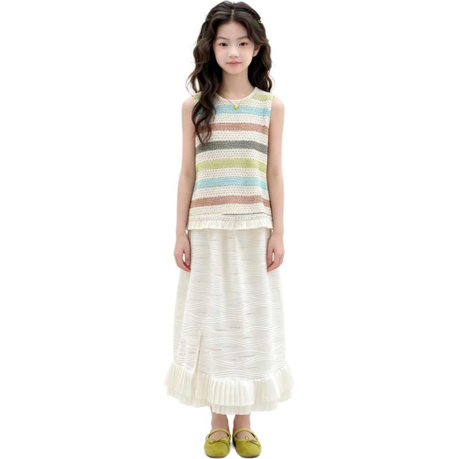 YALU Grade School Two Piece Skirt Sets Crew Neck Thin Long Skirt