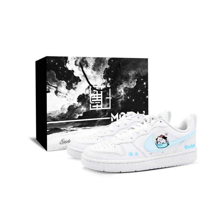 Nike Nike Court Borough Cow Cat BOX Leather Anti Kick Cushioning Breathable Low top Kids' Skateboarding Shoes Blue White