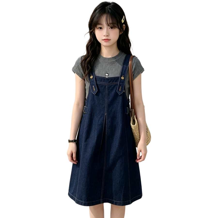 YALU Grade School Two Piece Skirt Sets Crew Neck Thin Long Skirt