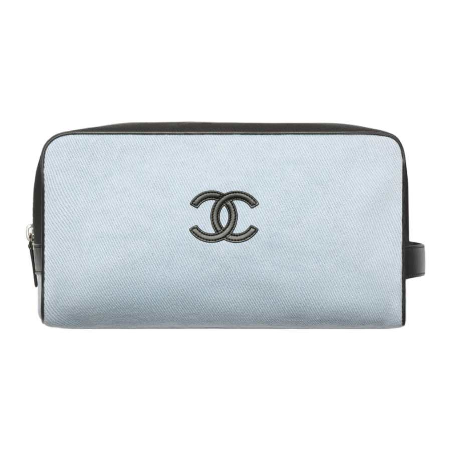 CHANEL Canvas With Calfskin & Silver Metal Clutch Large Women's Blue And Black