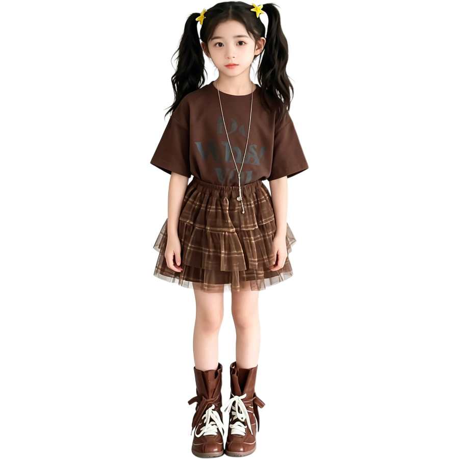 YALU Grade School Two Piece Skirt Sets Crew Neck Thin Short Skirt