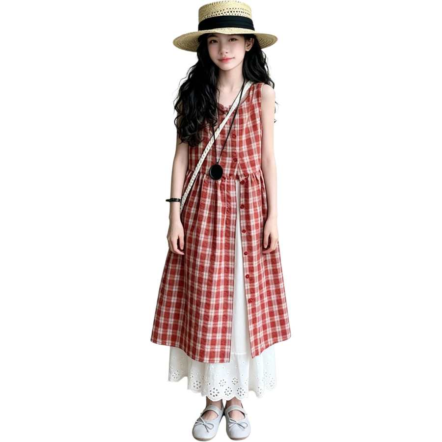 YALU Grade School Two Piece Skirt Sets Crew Neck Thin Long Skirt