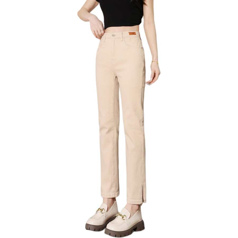 Tonlion Jeans Women's Beige Apricot Moderate Straight Fit Pants