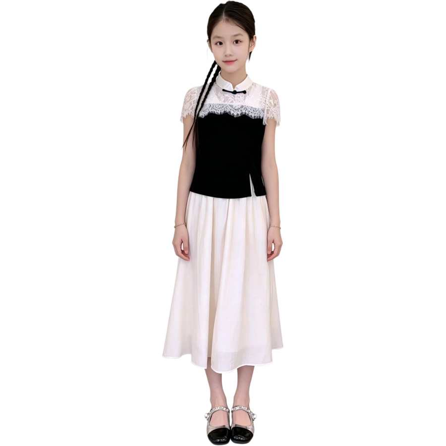 YALU Grade School Two Piece Skirt Sets Stand Collar Thin Long Skirt