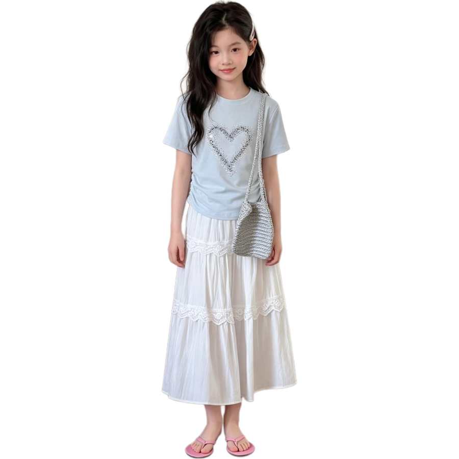 YALU Grade School Two Piece Skirt Sets Crew Neck Thin Long Skirt