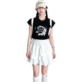 YALU Grade School Two Piece Skirt Sets Crew Neck Thin Short Skirt