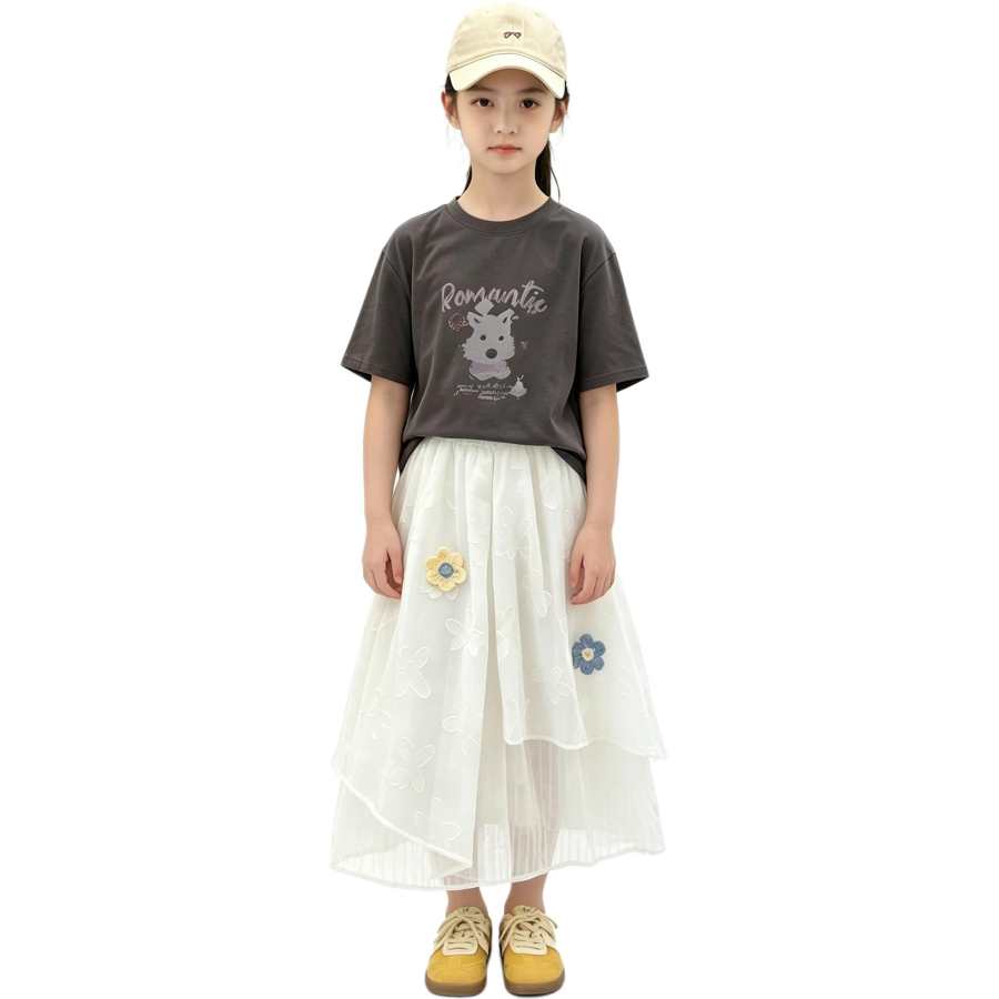 YALU Grade School Two Piece Skirt Sets Crew Neck Thin Long Skirt