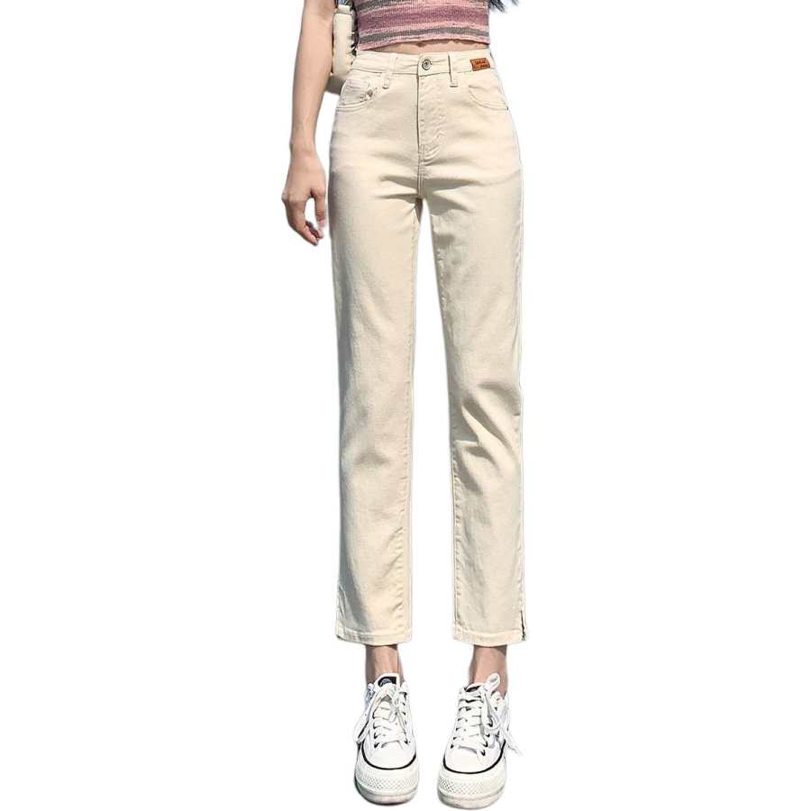 Tonlion Jeans Women's Beige Apricot Moderate Straight Fit Pants