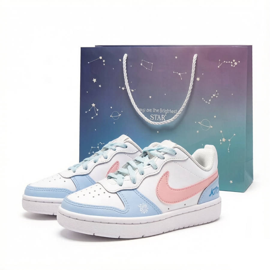 Nike Nike Court Borough Ice Pink Blue Star Leather Cushioning Kids' Skateboarding Shoes Blue Pink Teenagers