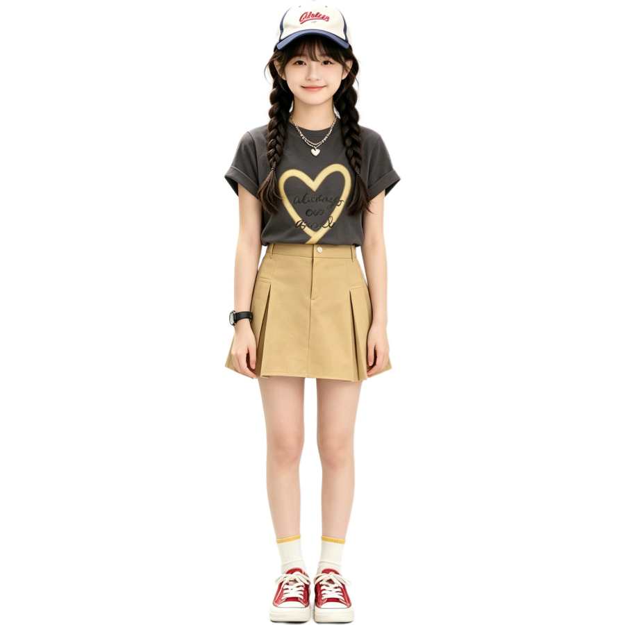 YALU Grade School Two Piece Skirt Sets Crew Neck Thin Short Skirt