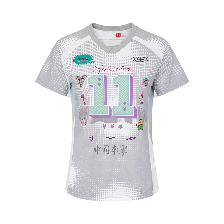 Li-Ning Li Ning T Shirts Women's Gray All Over Print V Neck Moderate Straight Fit