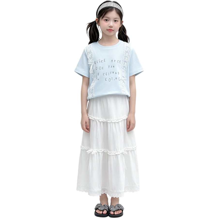YALU Grade School Two Piece Skirt Sets Crew Neck Thin Long Skirt