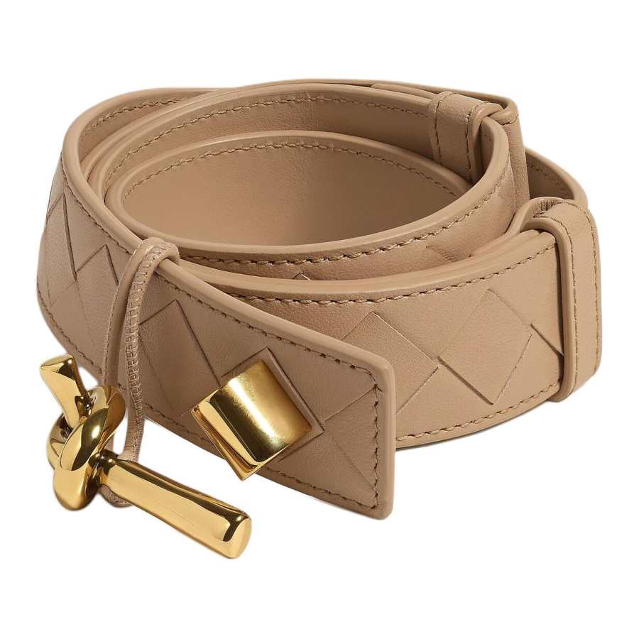 Bottega Veneta Cow Leather Brass Leather Belts Women's Warm Sand Width 3cm