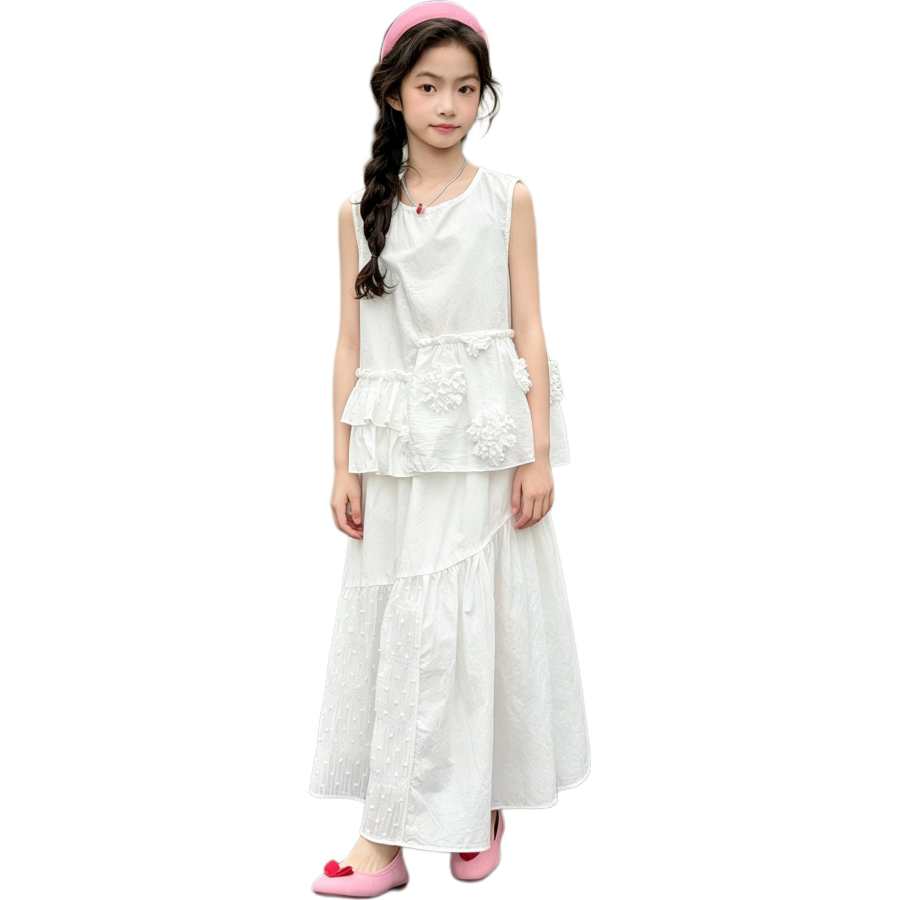 YALU Grade School Two Piece Skirt Sets Crew Neck Thin Long Skirt