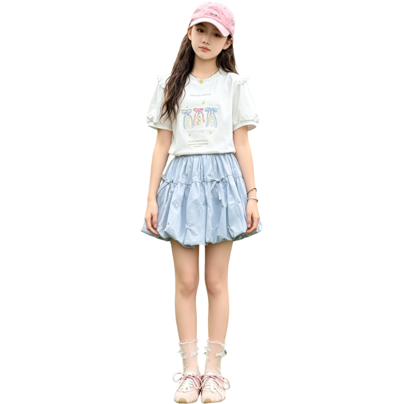 YALU Grade School Two Piece Skirt Sets Crew Neck Thin Short Skirt