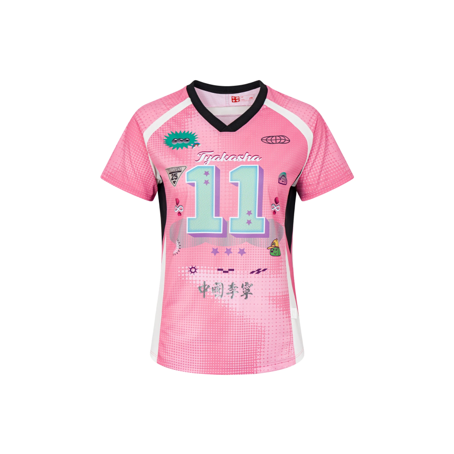 Li-Ning Li Ning T Shirts Women's Pink All Over Print V Neck Moderate Straight Fit