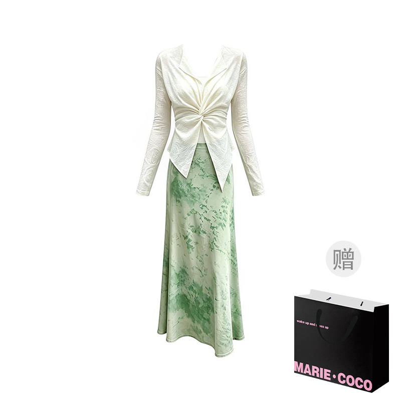 MARIE·COCO Two Piece Skirt Sets Women's V Neck Moderate Long Skirt