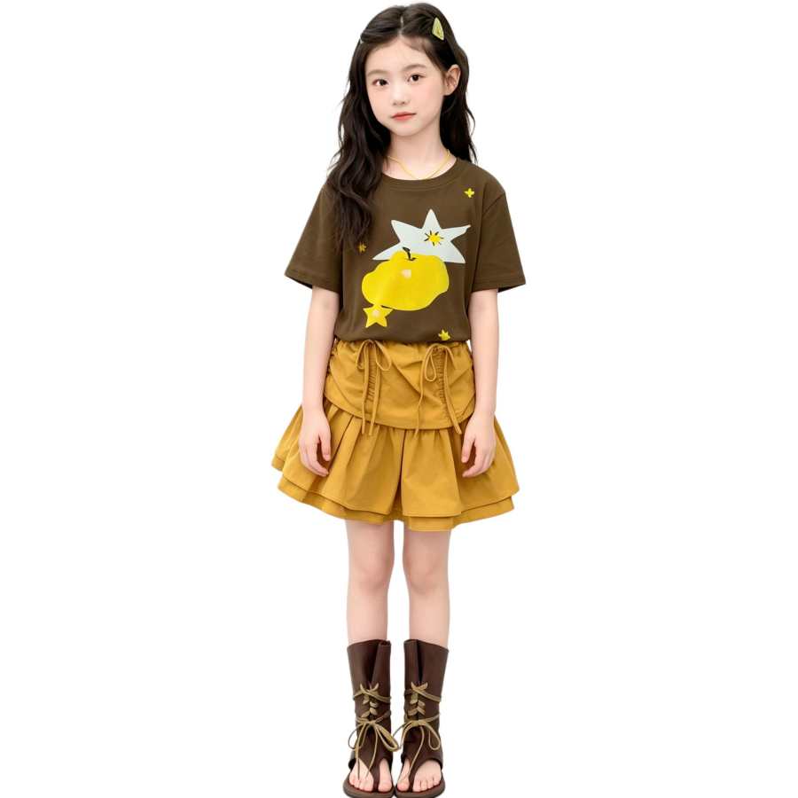 YALU Grade School Two Piece Skirt Sets Crew Neck Thin Short Skirt