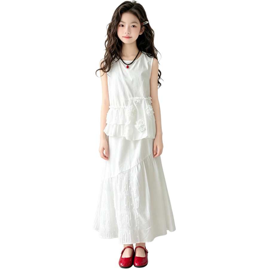 YALU Grade School Two Piece Skirt Sets Crew Neck Thin Long Skirt