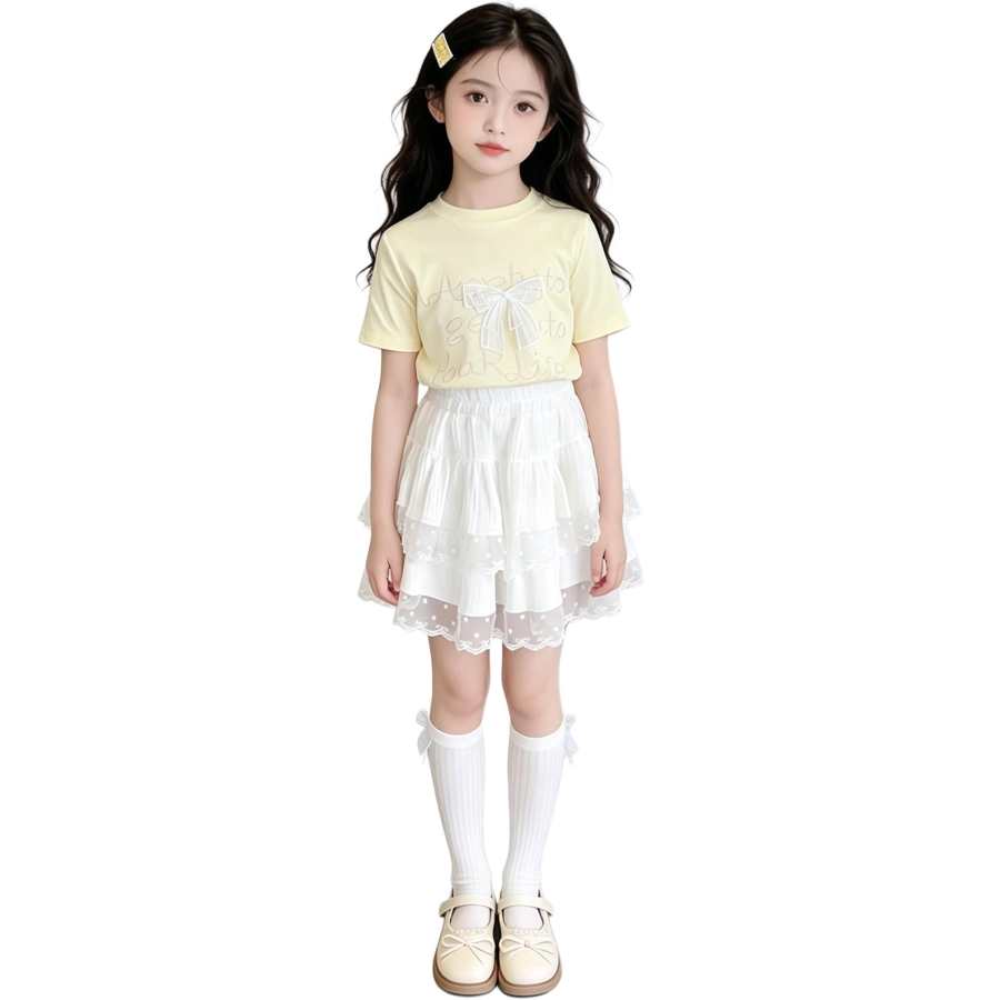 YALU Grade School Two Piece Skirt Sets Crew Neck Thin Short Skirt