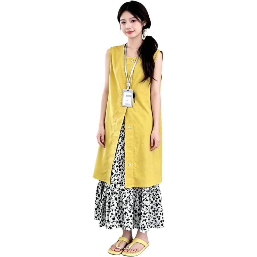 YALU Grade School Two Piece Skirt Sets Crew Neck Thin Long Skirt