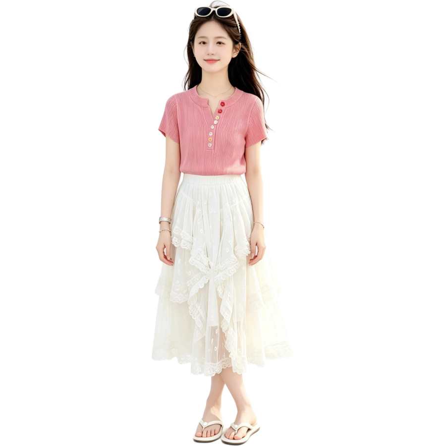 YALU Grade School Two Piece Skirt Sets Crew Neck Thin Long Skirt