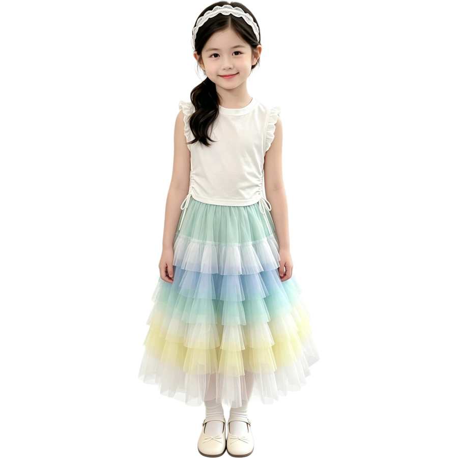 YALU Grade School Two Piece Skirt Sets Crew Neck Thin Long Skirt