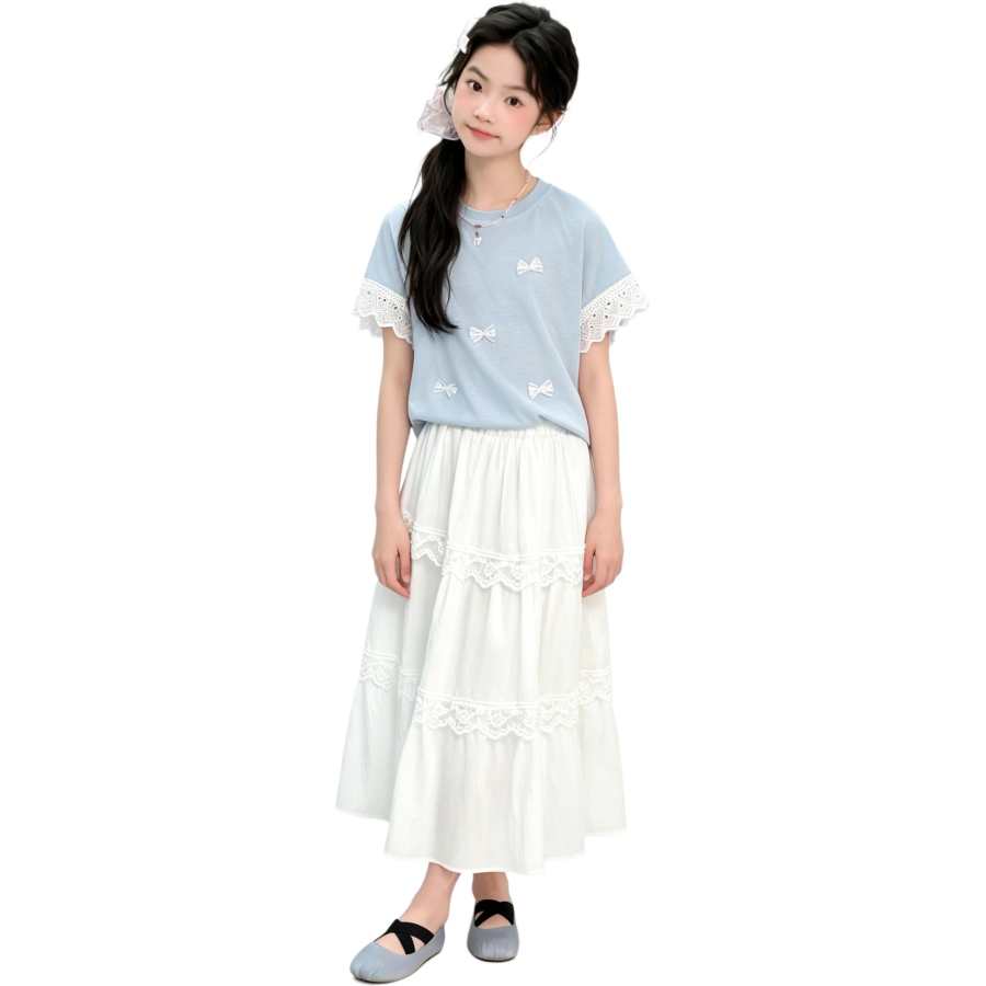 YALU Grade School Two Piece Skirt Sets Crew Neck Thin Long Skirt