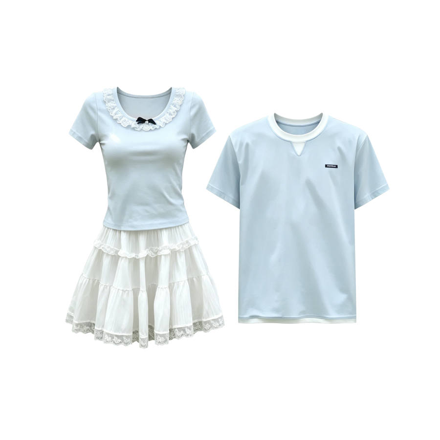 TUSHIFEI Couple Sets Women's Crew Neck Moderate Short Skirt