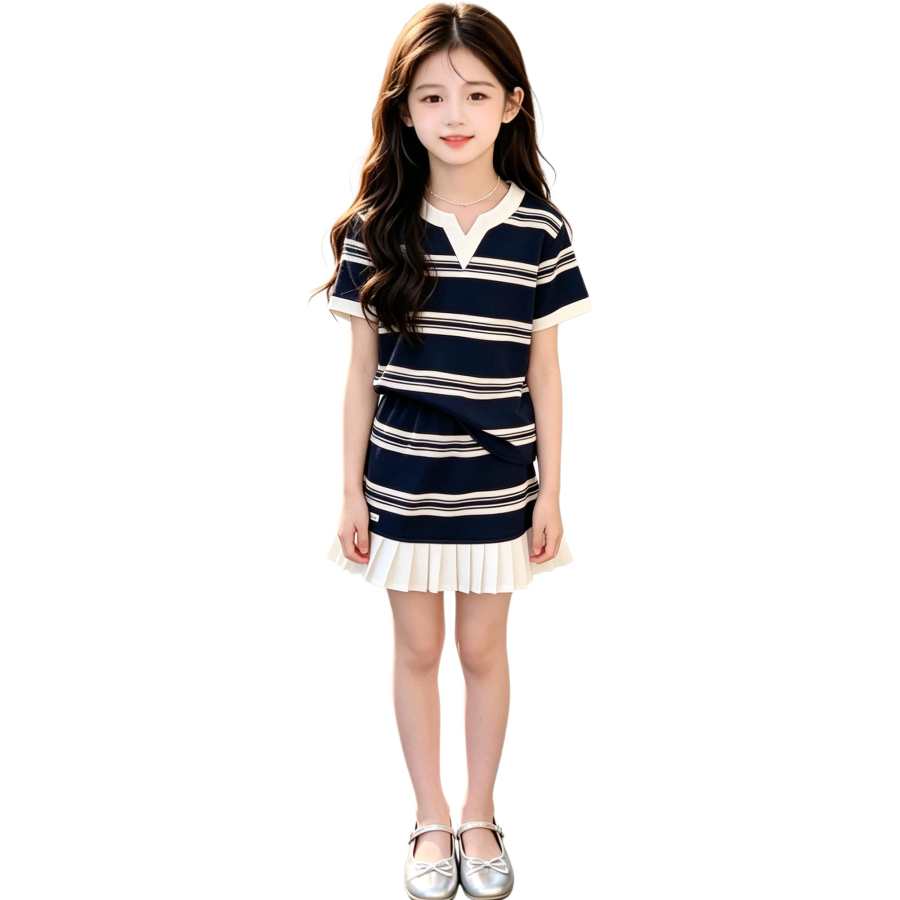 YALU Grade School Two Piece Skirt Sets Crew Neck Thin Short Skirt