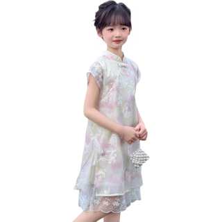 TNTX Kids Dresses Cheongsam Collar Thin Midi Dress Non Stretch
