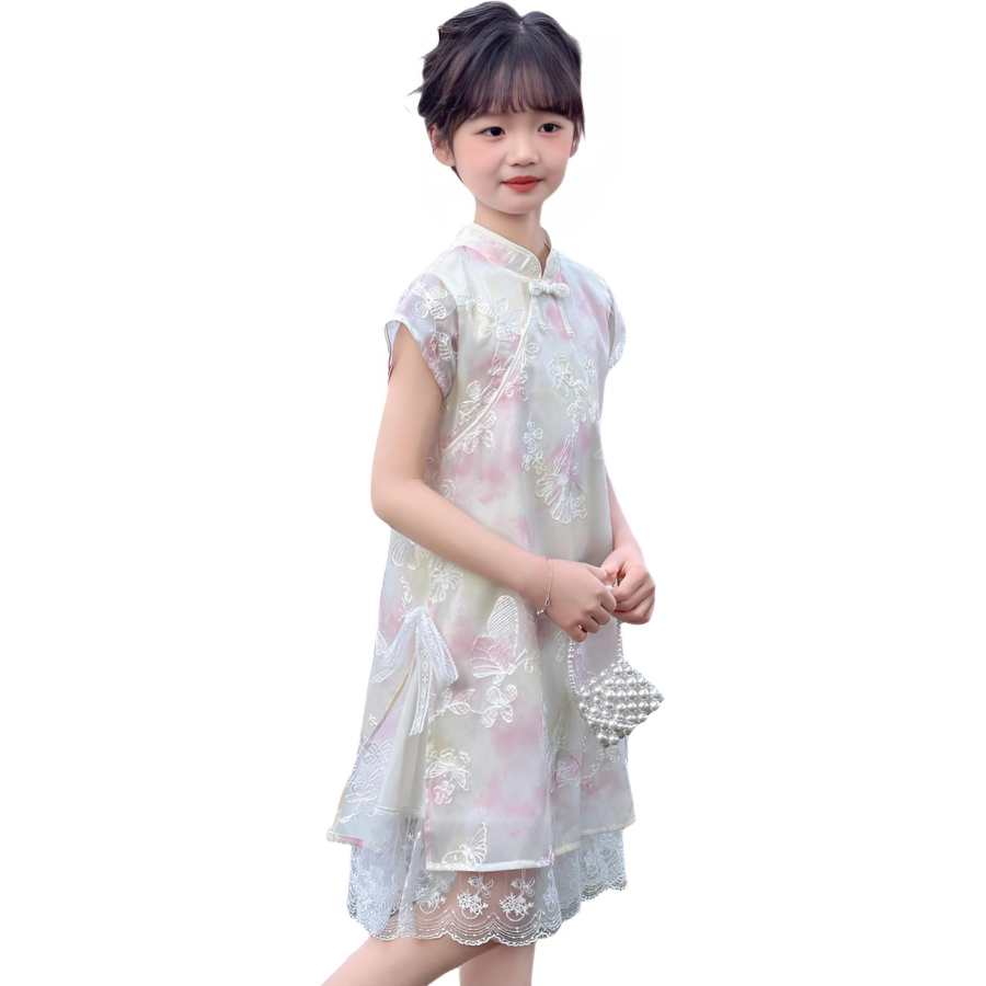 TNTX Kids Dresses Cheongsam Collar Thin Midi Dress Non Stretch