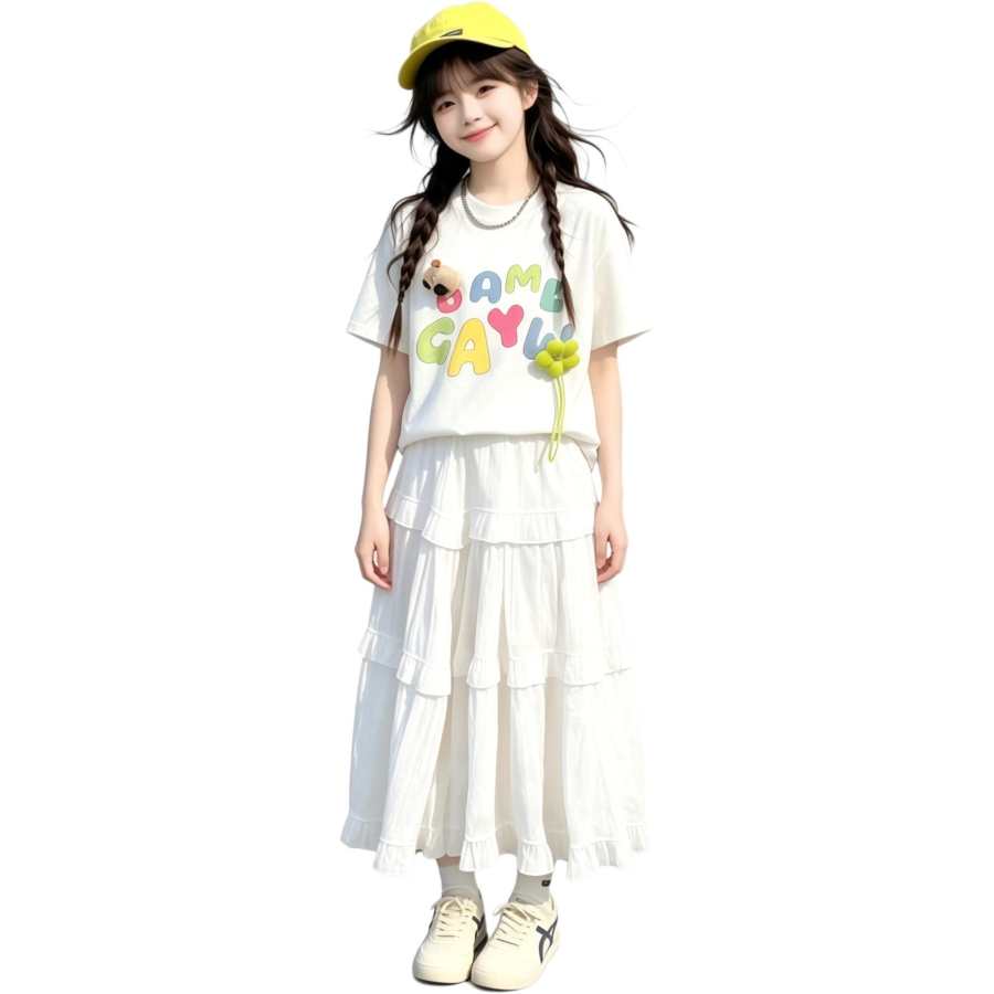 YALU Grade School Two Piece Skirt Sets Crew Neck Thin Long Skirt