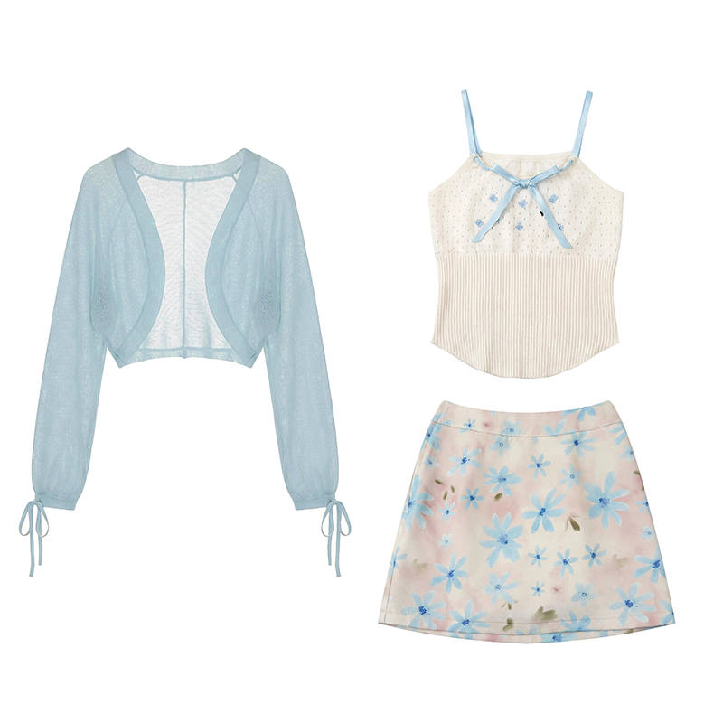 FABRIC PIG Two Piece Skirt Sets Women's Cardigan+Camisole+Short Skirt Camisole Thin Short Skirt