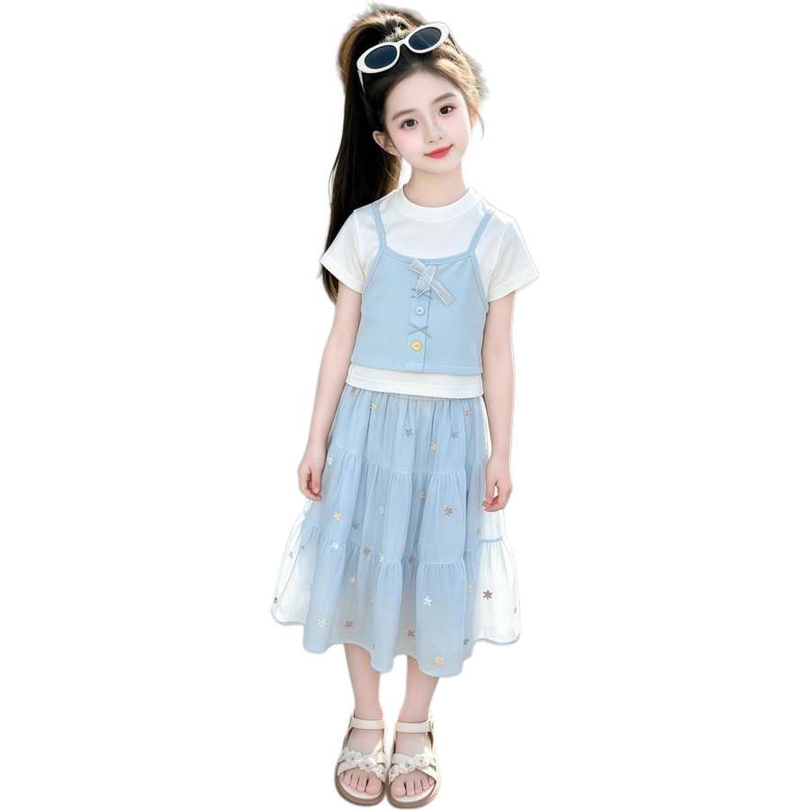 YALU Grade School Two Piece Skirt Sets Crew Neck Thin Long Skirt