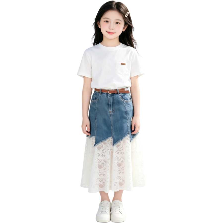YALU Grade School Two Piece Skirt Sets Crew Neck Thin Long Skirt