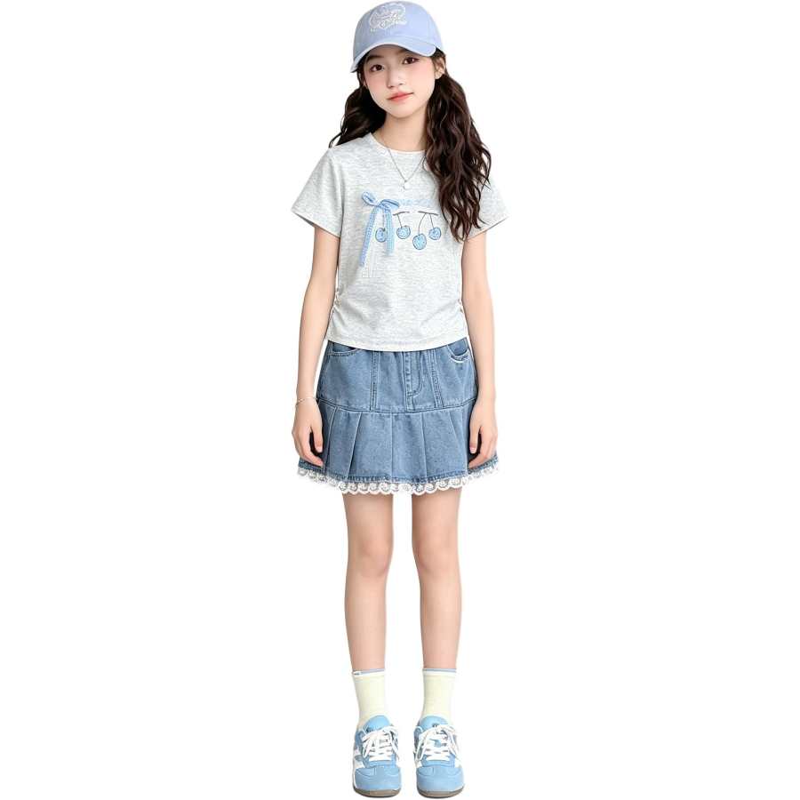 YALU Grade School Two Piece Skirt Sets Crew Neck Thin Short Skirt