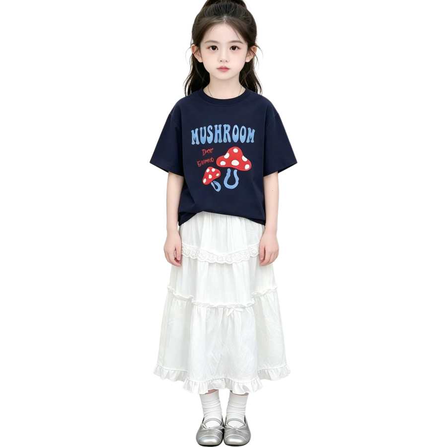 YALU Grade School Two Piece Skirt Sets Crew Neck Thin Long Skirt