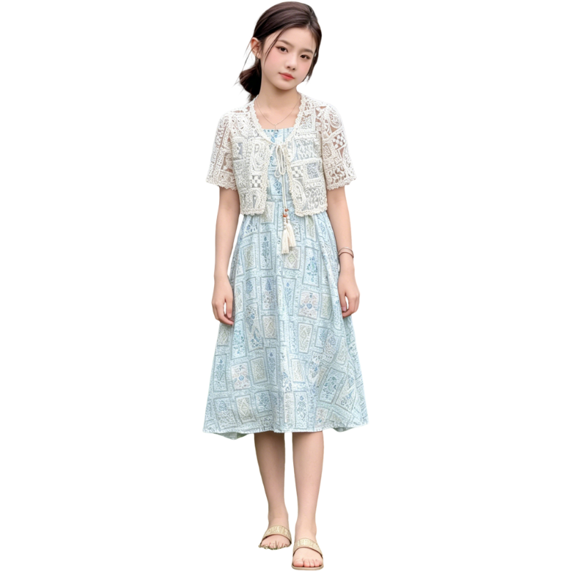 YALU Grade School Two Piece Skirt Sets Crew Neck Thin Long Skirt