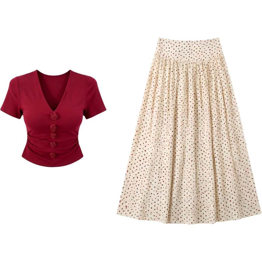 CHARM GLOW Two Piece Skirt Sets Women's V Neck Thin Long Skirt
