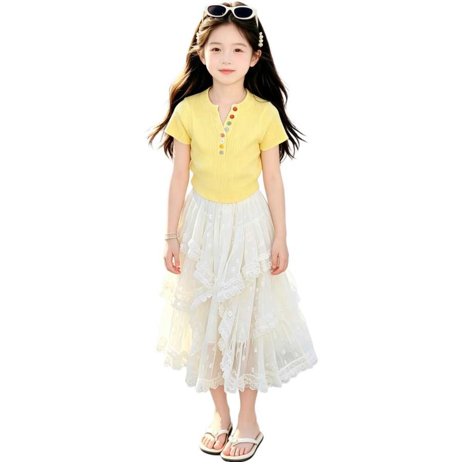 YALU Grade School Two Piece Skirt Sets Crew Neck Thin Long Skirt