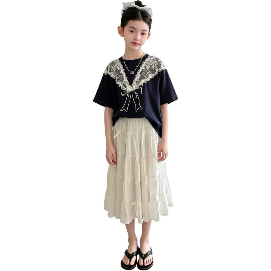 YALU Grade School Two Piece Skirt Sets Crew Neck Thin Long Skirt
