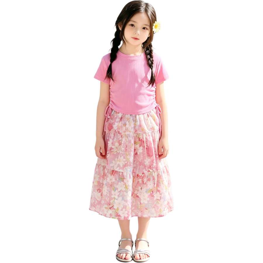 YALU Grade School Two Piece Skirt Sets Crew Neck Thin Long Skirt
