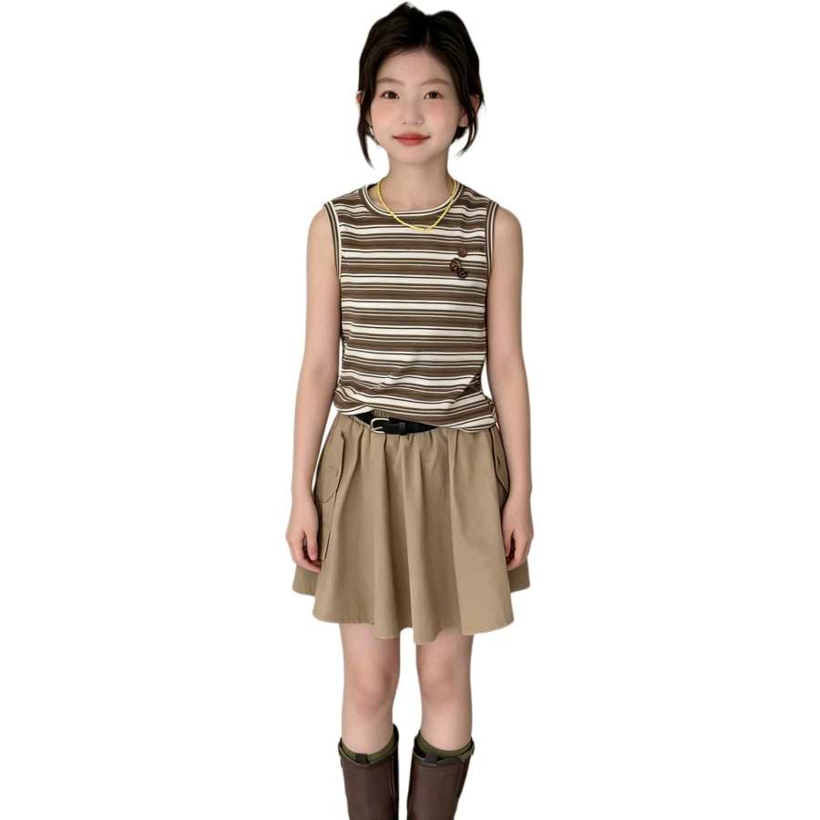 YALU Grade School Two Piece Skirt Sets Crew Neck Thin Short Skirt