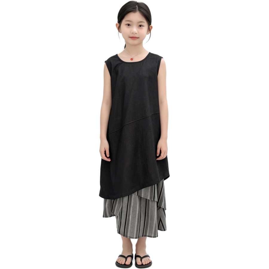 YALU Grade School Two Piece Skirt Sets Crew Neck Thin Long Skirt
