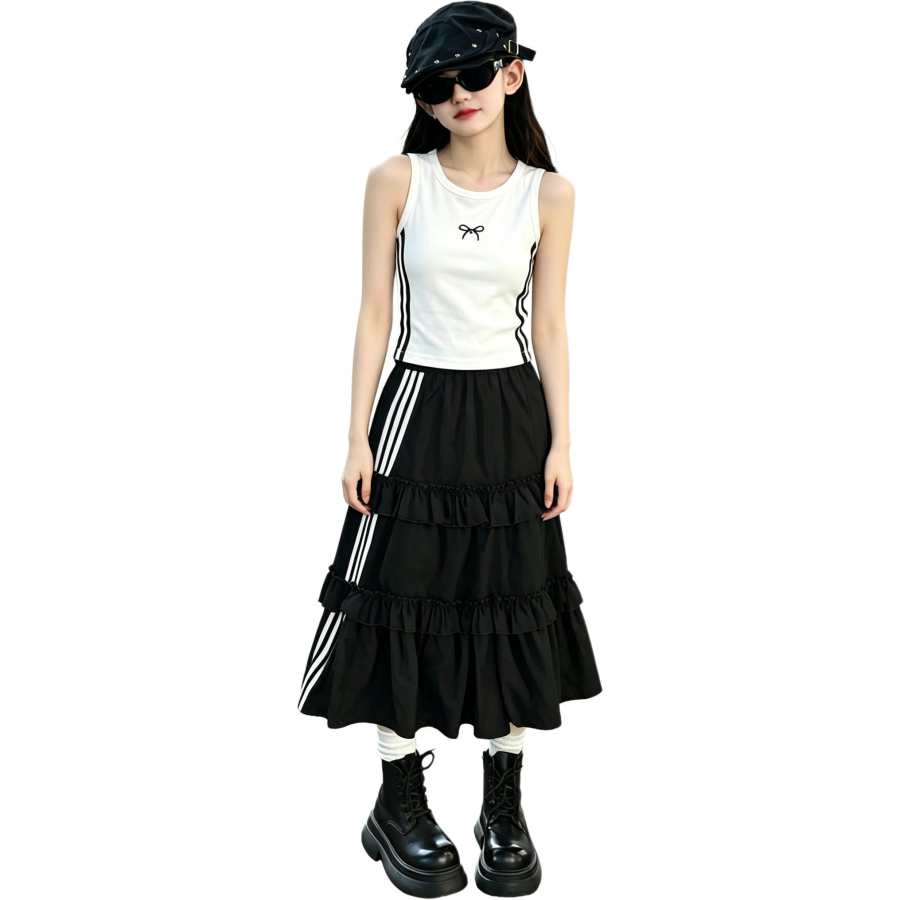 YALU Grade School Two Piece Skirt Sets Crew Neck Thin Long Skirt