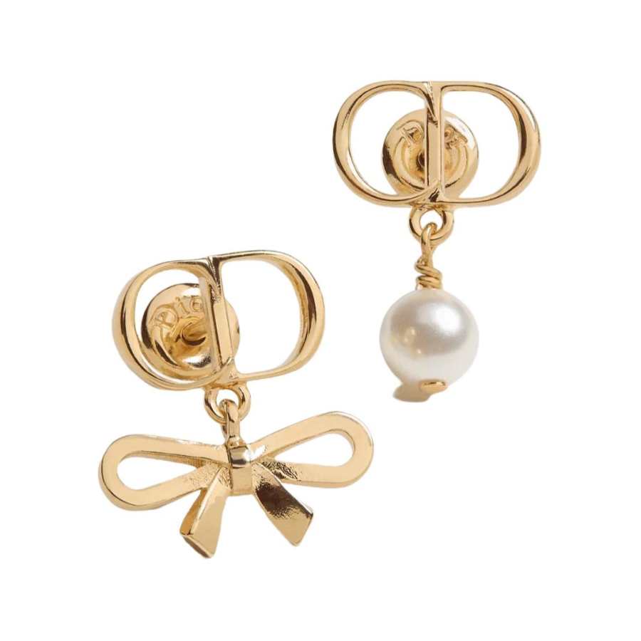 DIOR Gold Plated Metal Earrings Unisex Gold/White