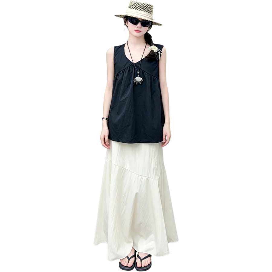 YALU Grade School Two Piece Skirt Sets Crew Neck Thin Long Skirt