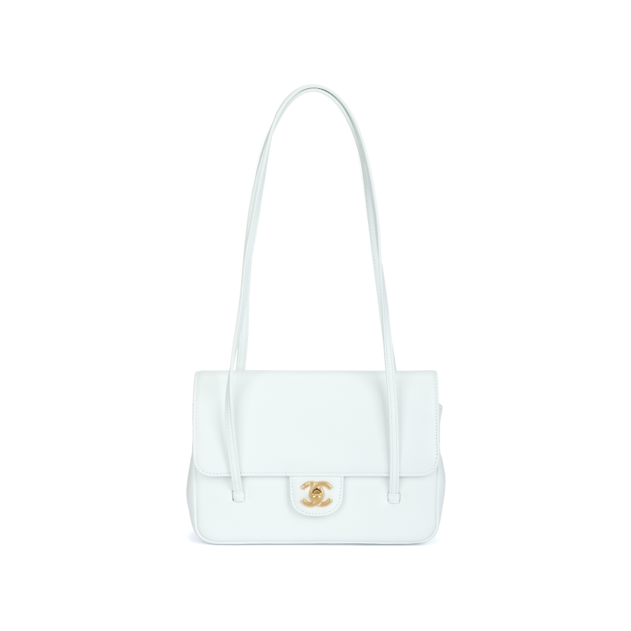 CHANEL Grain Embossed Shiny Calfskin & Gold Metal Flap Bag Shoulder Bag Small Women's Light Blue