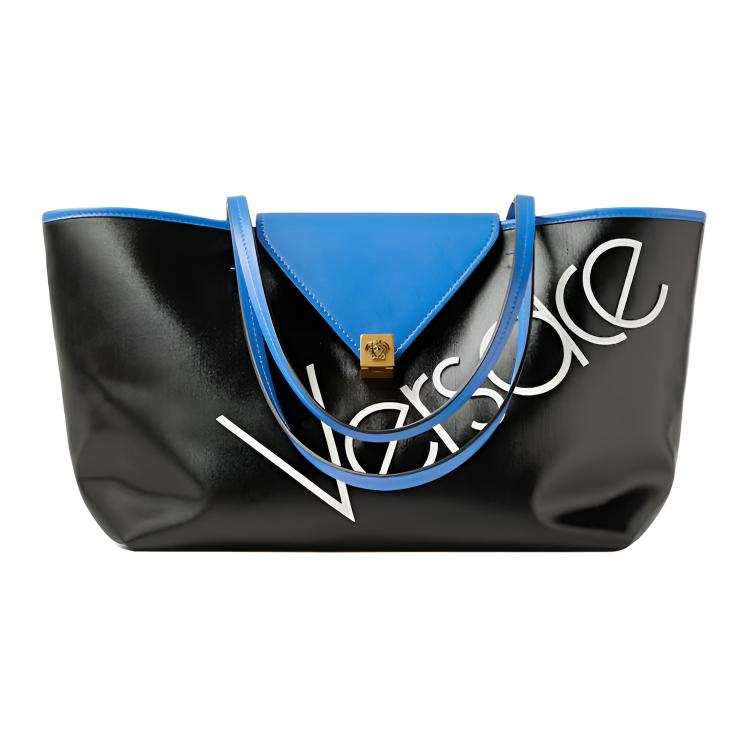 VERSACE Cotton With Linen Tote Bag, Shopping Bag, Shoulder Bag Small Women's Blue & Black
